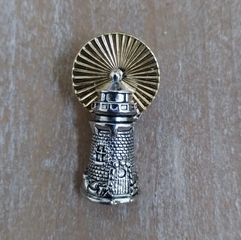 Vintage Avon Lighthouse Pin Brooch Two Tone Silver Gold Nautical Lapel Tie Tack